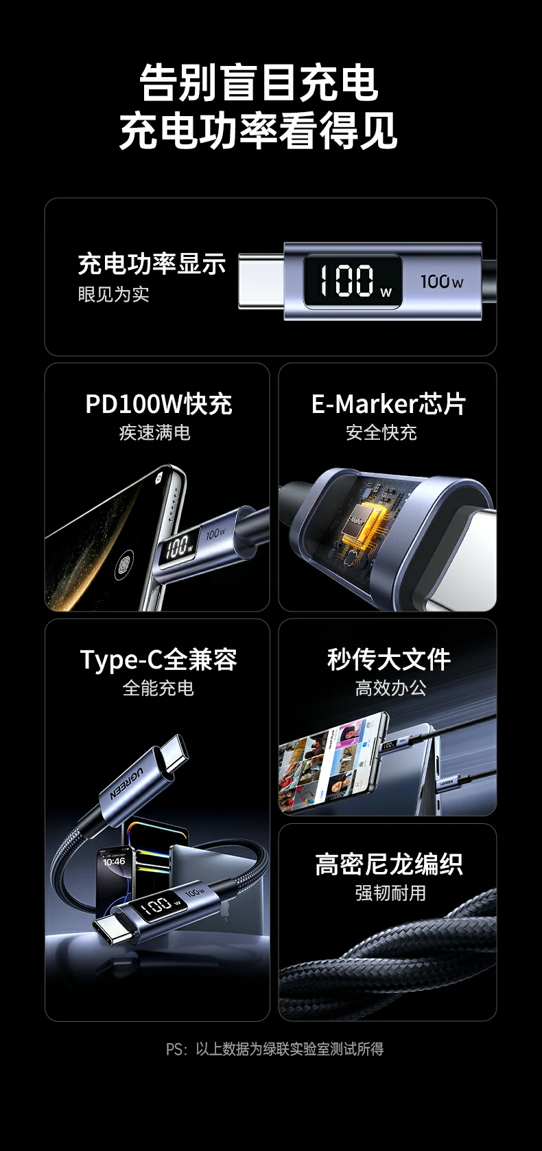 沐鸣2PD100W快充线，显示电压电流参数清晰直观