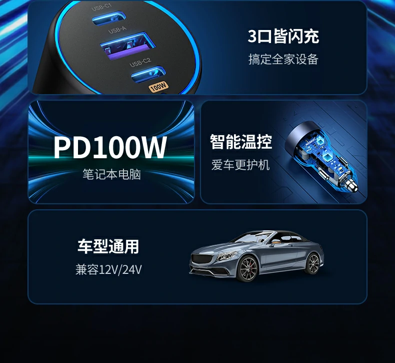 沐鸣2130W车载充电器快速充电展示