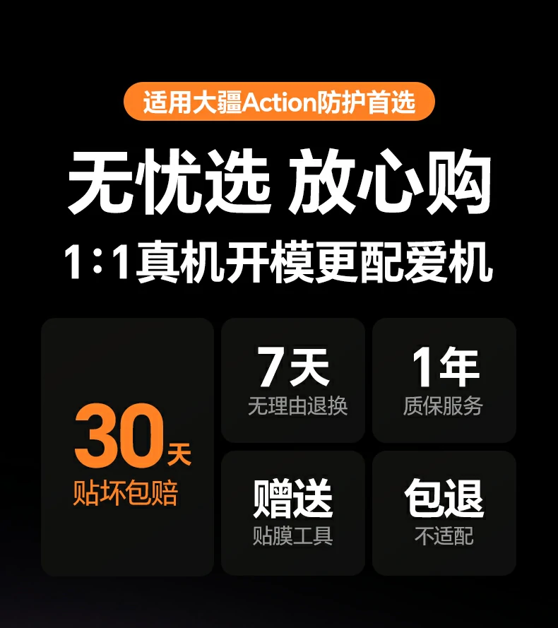 沐鸣2SP1341适用大疆Action AR膜全景图，展示0.33mm超薄设计与时尚彩盒包装